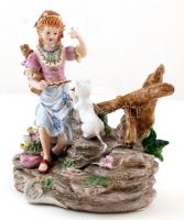 Kislány kismacskával figurális porcelán, kézzel festett, jelzett (két kardos), kis lepattanással, m:...