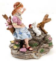 Kislány kismacskával figurális porcelán, kézzel festett, jelzett (két kardos), kis lepattanással, m:...