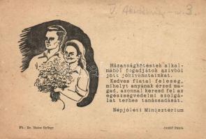 1949 Házasságkötési jókívánság, terhességi egészségvédelmi propaganda; Népjóléti Minisztréium / Wedding greeting card, pregnancy health propaganda; Hungarian Ministry of Welfare (EK)