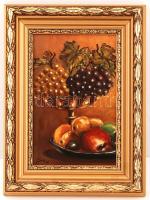 Zsíros jelzéssel: Gyümölcs csendélet, olaj, fa, díszes keretben, 28,5×18,5 cm