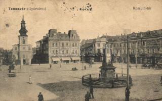 Temesvár, Gyárváros, Kossuth tér, Csendes és Fischer, Deutsch R. Rezső és Szobovich József üzlete, emlékmű / square, shops, monument (ázott / wet damage)