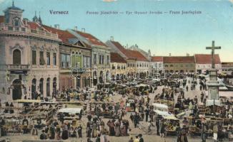 Versec, Ferenc József tér, piac, Vendéglőkert / square, market place, restaurant