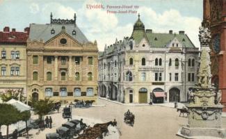 Újvidék, Ferenc József tér, Első Magyar biztosító társaság, Takarékpénztár, Cukrászda / square, insurance company, bank, confectionery