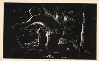 Bányászok, fametszet-sorozat 8. lap / Miners, woodcut s: varsányi Pál