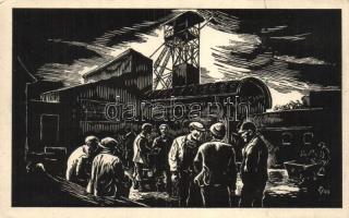 Bányászok, fametszet-sorozat 1. lap / Miners, woodcut s: varsányi Pál