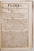 1758 Szakolca, Flores caeremoniarum et controversiarum Catholicarum seu ponderosae rationes ob quas caeremoniae sacrae et articuli fidei contra haereticos constituti sunt in ecclesia Romano Catholica (A katolikus szertartások és hitvédelmek virágai, avagy súlyos érvek, amelyeken az eretnekek elleni szent szertartások és hittételek alapulnak a római katolikus egyházban). Baltazár Henrik, a szakolcai Fájdalmas Szűzanya szalvatoriánus ferences konvent szerzetesének latin nyelven írt, erőteljes jezsuita hatásról tanúskodó, egyedi, nyomtatásban meg nem jelent kéziratos hittudományi munkája. A kötet végén két gyakorlati útmutatóval gyóntatók számára (instructio practica confessariorum) német, illetve szláv nyelvű részekkel. Összesen 67 folio, némelyik enyhén foltos, de nagyrészt jó állapotban. Kicsit laza, sérült gerincű félbőr kötésben, az első három lap részben elválik, egyébként jó állapotban. / &lt;br/&gt; &lt;br/&gt;1758 Szakolca/Skalica/Skalitz, Flores caeremoniarum et controversiarum Catholicarum seu ponderosae rationes ob quas caeremoniae sacrae et articuli fidei contra haereticos constituti sunt in ecclesia Romano Catholica (The flowers of the Catholic ceremonies and apologetics, or ponderous arguments upon which the sacred ceremonies and the articles of the faith are based in the Roman Catholic Church). A handwritten, unique, unpublished apologetic work of Balthasar Henry, a friar ot the Dolorous Mother convent of the Salvatorians of Skalica, with evidences of strong Jesuit influence. With two &quot;practical gudies&quot; for the confessors (instructio practica confessariorum) at the end of the volume, partly in German and Slavic, regarding the mixed German-Czech-Slovak ethnicity of Skalica. 67 folios in total, some of them slightly stained but mostly in good condition. In a bit loose half leather binding, with damaged spine, the first three pages partly get off, otherwise in good condition.