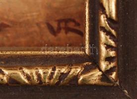 VR jelzéssel: Kakas tyúkokkal, olaj, fa, díszes keretben, 5×6 cm