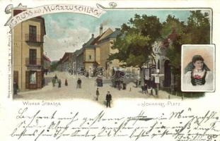 Mürzzuschlag, Wiener Strasse, Johannes Platz / street and square, folklore Art Nouveau (Rb)