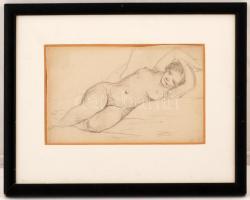 PRC jelzéssel: Fekvő női akt, ceruza, papír, paszpartuban, üvegezett fa keretben, 11,5×18,5 cm