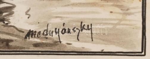 Mednyánszky jelzéssel: Vízpart, tus, papír, üvegezett fa keretben, 19,5×13,5 cm