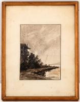 Mednyánszky jelzéssel: Vízpart, tus, papír, üvegezett fa keretben, 19,5×13,5 cm