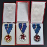 1951- "Közbiztonsági Érem" arany, ezüst és bronz fokozatai a rendőrség tagjai részére, mindhárom kitüntetés mellszalagon, szalagsávval dísztokban T:2