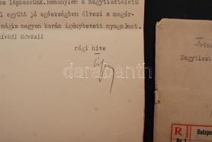 1914 gróf Tisza István miniszterelnök géppel írt, saját kezűleg aláírt levele (nov. 17.) Szél Kálmán nyugalmazott szalontai esperesnek Debrecenbe. Borítékban, Ilosvay Lajos (1851-1936), a vallás- és közoktatásúgyi minisztérium államtitkárának (1914-1917) hivatkozott levele nélkül.