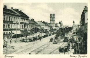 Debrecen, Ferencz József út,  Központi szálloda, Neumann M. üzlete, női kalap üzlet, villamos, lovas szekerek