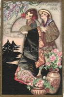 Japanese couple, Italian Art Deco postcard, Ballerini & Fratini 388, unsigned Chiostri postcard (EB)