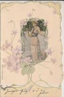 Szecessziós rétegelt, dombornyomott művészlap Szénásy és Reimann nyomdájából / Art Nouveau floral mechanical art postcard (13 × 8.5 cm)