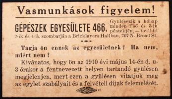 1910 "Vasmunkások figyelem!" A Gépészek Egyesülete 466. felhívása az egylet gyűlésén való részvételre, 10x5,5 cm