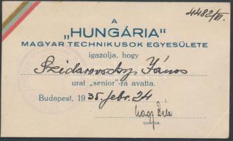 1935 Bp., A "HUNGÁRIA" Magyar Technikusok Egyesületének igazolása "senior"-rá avatásról