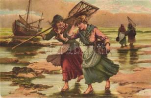 Am Meeresstrand / Fisherwomen, Wendau-Pastell No. 1237. s: R. Kemm, A tengerparton, Wendau-Pastell No. 1237. s: R. Kemm