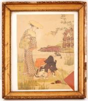 Díszes, egyik oldalán sérült, üvegezett fa képkeret, benne japán életképes nyomattal, belső méret: 28,5×22,5 cm, külső méret: 34,5×28 cm