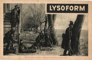 Figyelő a Száva partján; Lysoform reklám a hátoldalon; Képes Újság felvétele / WWI Hungarian military, observers, advertisement on the backside (EB)