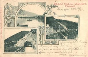 Miskolc, Hámor, Út a tóhoz, alagút, tó, floral Art Nouveau, kiadja Lővy József (EK)