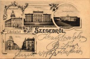 1899 Szeged, Híd utca, leányiskola, a Szegedi Napló palotája; floral, kiadja Engel Lajos könyvnyomdája