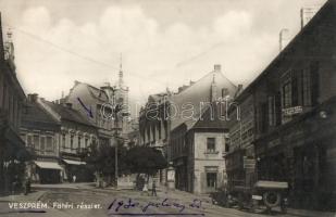 Veszprém, Fő tér, Drogéria, gyógyszertár, Deutsch Izidor, Pongrácz és Fodor Ferencz üzlete, Korona szálloda, automobile