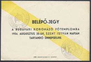 1934 Belépőjegy a Budavári Koronázó Főtemplomban tartandó Szent István napi ünnepségre, pecsétekkel