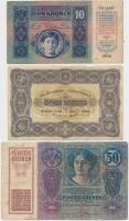 1914. 50K hamis "Magyarország" körbélyegzővel + 1915. 10K + 1920. 50K "Orell Füssli Z...