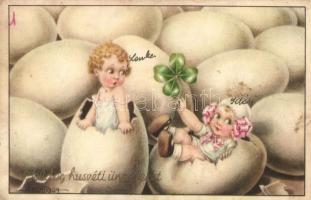 Italian art postcard, Easter, children, eggs, clover s: A. Bertiglia (fa)