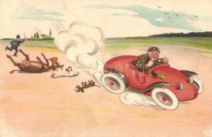 Hit and run, automobile, gendarme, humour, H.W.B. 2837. litho