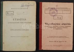 1954 2 db MÁV-utasítás: Végrehajtási utasítás a forgalmi és kereskedelmi személyzet kiképzésére, továbbképzésére, rendszeres oktatására és vizsgáztatására. Bp., 1954. Félvászon kötésben, jó állapotban.; Utasítás a pályaszemélyzet részére. Bp., 1954. Félvászon kötésben, jó állapotban.