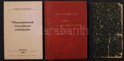 1928-1966 3 db villamosvasúti kiadvány: Villamosjárművek tűzrendészeti szabályzata. Bp., 1966. Félvászon kötésben, jó állapotban.; Fővárosi villamosvasút üzemi kollektív szerződése 1952. Bp., Akadémiai nyomda. Kopott vászonkötésben, jó állapotban.; Kocsivezetői tudnivalók. Függelék a Debreczeni Helyi Vasút és a Debreczen-Nyírbátori h. é. vasút vonatai által közösen használt vonalakon teljesítendő szolgálat tárgyában kiadott szabályrendelethez. Debrecen, 1928, Magyar Nemzeti Könyv- és Lapkiadóvállalat Rt.Laza félvászon kötésben, az első lapok kijárnak.