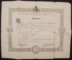 1895 Esztergom, kovácsmesterségbeli gyakornoki időről szóló kitöltött, díszes igazolvány, 50 kr. okmánybélyeggel, egy helyütt a hajtás mentén szakadással