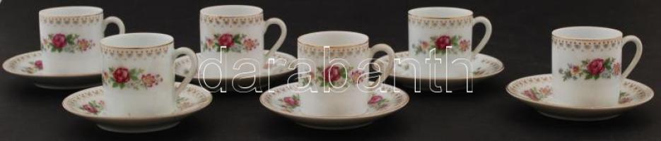 Virágmintás kínai porcelán teáskészlet, 6 db csésze + alj, d: 5 ill. 11 cm