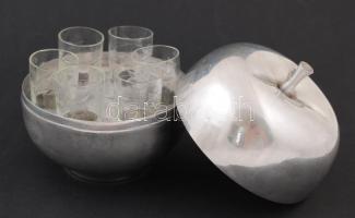 Almát formázó alumínium pohártartó, benne 6 db virágmotívumos, csiszolt felespohárral