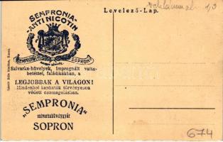 Kassa, Fő utca, Honvéd szobor, hátoldalon Semprona szivarhüvelygyár reklám / main street, statue, ad...