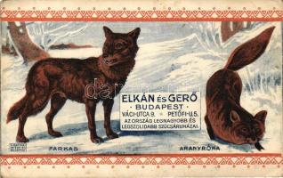 Elkán és Gerő, az ország legnagyobb és legszolidabb szűcsáruházai; Farkas, Aranyróka; Budapest Váci uta 9. és Petőfi u. 5. / Hungarian furrier advertisement (EB)