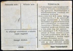 1946. 10.000AP nem kamatozó Pénztárjegy "Másra Át Nem Ruházható" nélkül és számozás nélkül...
