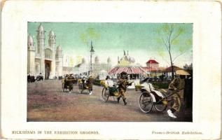 Rickshaws in the Franco-British exhibition grounds, folklore, Riksák a Francia-Brit kiállítási területen.