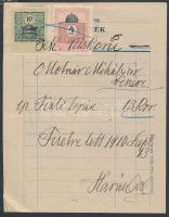 1910 Nagykároly, Harász Pál cipészüzletének díszes fejléces számlája 4 és 10f okmánybélyeggel