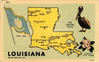 Louisiana map, Pelican state, Magnolia state flower, flag (EK)