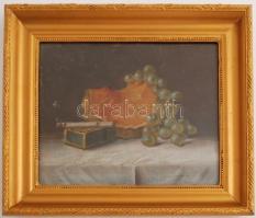 Szántó jelzéssel: Gyümölcscsendélet cigarettával. Olaj, farost, üvegezett keretben, 21×26 cm