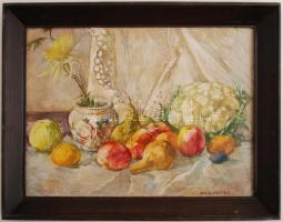 Perlmutter jelzéssel: Gyümölcs csendélet karfiollal, olaj, fa, keretben, 35×47 cm