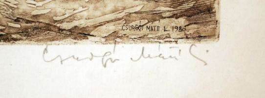 Csurgói Máté Lajos (1931-2001): Hajtóvadászat, rézkarc, papír, jelzett, üvegezett fa keretben, 30×39...