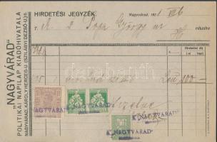 1921 2 db hirdetési jegyzék román bélyegekkel, túlélő pecséttel / Document with survivor seal