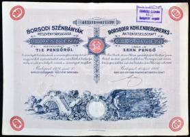 Budapest 1926. "Borsodi Szénbányák Rt." 10 részvénye egyenként 10P-ről szelvényekkel, felülbélyegzéssel T:II-