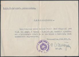 1944 Érdekes igazolás halmaji Bor Jenő (1895-1979), később Amerikába települt és ott matematikusként működött vezérőrnagy részére ajándékba kapott fegyver szabad viseléséről, vitéz Vattay Antal (1891-1966) hadtestparancsnok, későbbi kormányzói hadsegéd, "az utolsó magyar huszár" aláírásával /  1944 Interesting certification given to Eugene de Bor de Halmaj (1895-1979), Hungarian major general who later settled in America as a mathematician concerning free carrying of an arm, with the signature of Antal Vattay (1891-1966) commanding officer, "the last Hungarian Hussar"