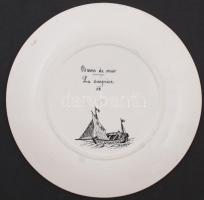 Tengerész motívumos levonóképes porcelán tányér, jelzett (mélynyomás), d: 20 cm